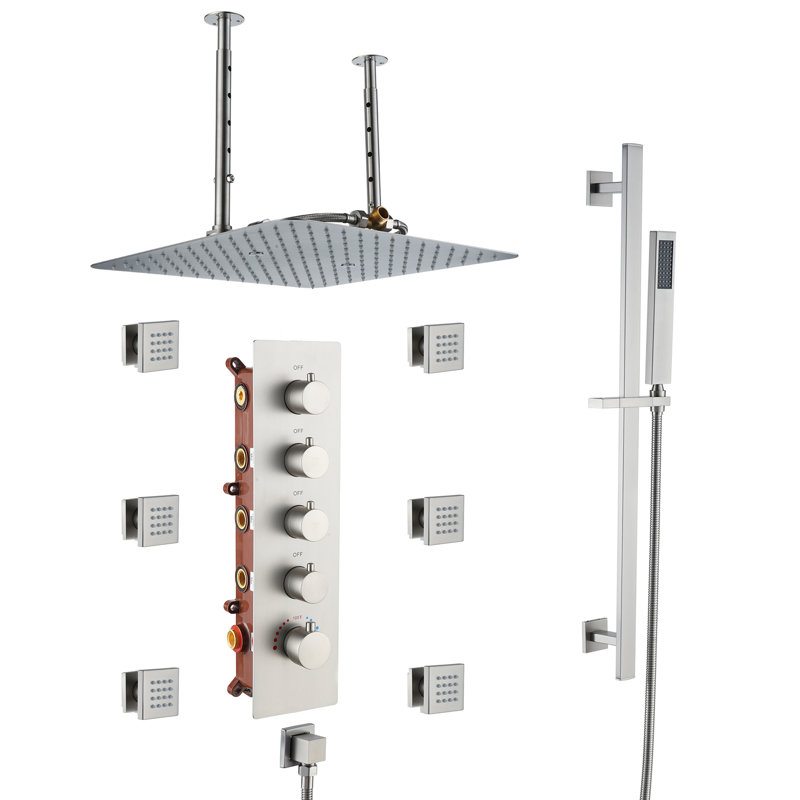 Système de douche de pluie thermostatique 16 fonctions avec 16 jets de corps et barre coulissante 16 po, Nickel brossé