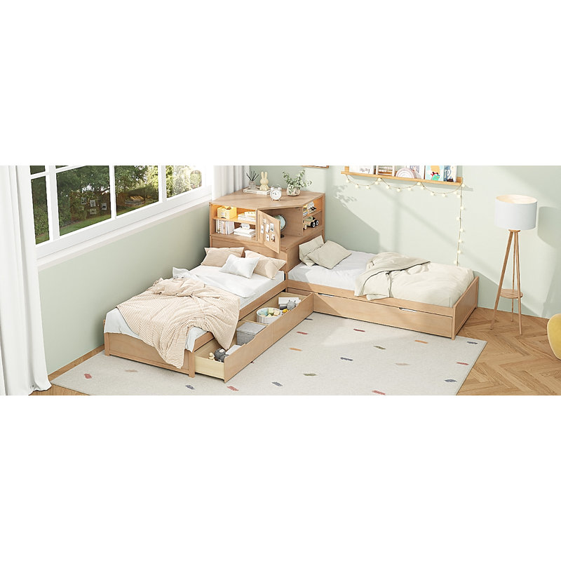 L-Shaped Combination Twin Bed With Trundle And Drawer,3-In-1 Low Corner Platform Bed Linked With Built-In Desk And Led Downlight