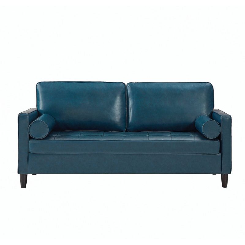 Canapé en cuir de style classique, similicuir respirant avec coussin de siège capitonné, pieds en bois massif pour le salon, bleu marine