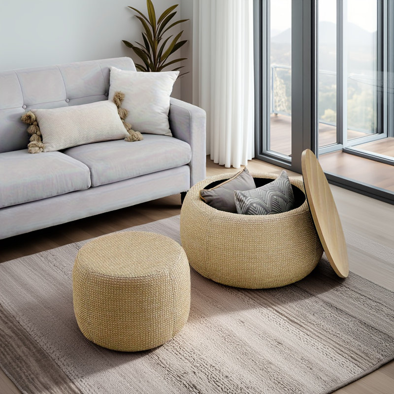 Repose-pieds de rangement rond 25 po x 25 po x 14,7 po (naturel) - Table de bout / repose-pieds 2 en 1 en rotin tissé, espace de rangement caché, fonction petit siège, aucun assemblage requis pour le salon / la chambre à coucher / le bureau