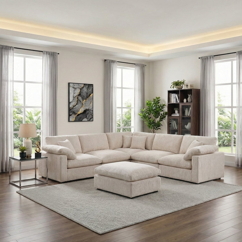Canapé modulaire en L 6 pièces avec repose-pieds 6 pièces, Chenille blanche
