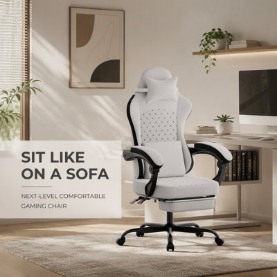 Fauteuil de jeu ergonomique pour PC avec massage, repose-pieds et soutien lombaire pour un confort et une posture améliorés, dossier haut, coloris BLANC/NOIR