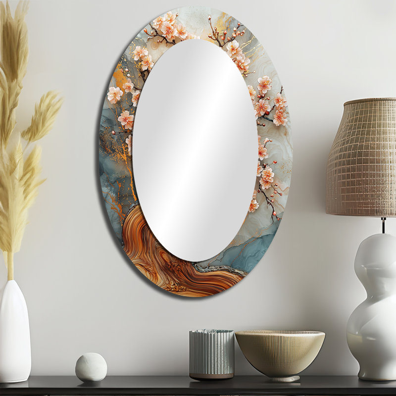 Golden Cherry Blossom Tree Garden Of Ephemeral Beauty II - Grand miroir mural ovale sur métal, 36 po x 24 po