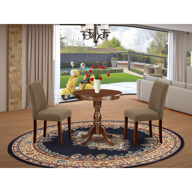3 Piece Dinette Set for Small Spaces Contains a Round Dining Table with Pedestal and 2 Coffee Linen Fabric Parson Dining Chairs, Mahogany