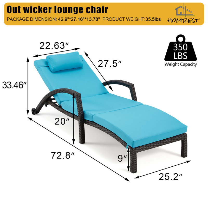 Double chaise longue inclinable avec coussins 72,8 po Miluse, Bleu/brun