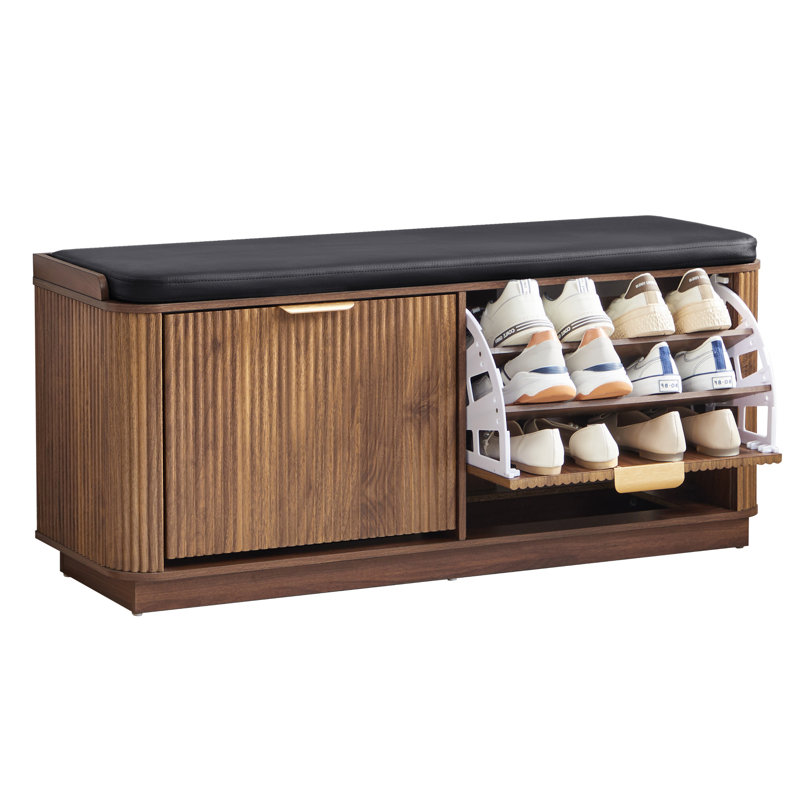 Banc de rangement rembourré pour 12 paires de chaussures avec 2 tiroirs rabattables, Noyer