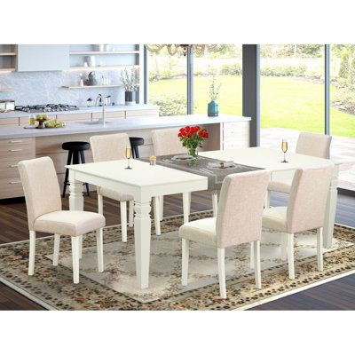 7 Piece Kitchen Table Set Consist of a Rectangle Dining Table with Butterfly Leaf and 6 Light Beige Linen Fabric Parson Chairs, Linen White