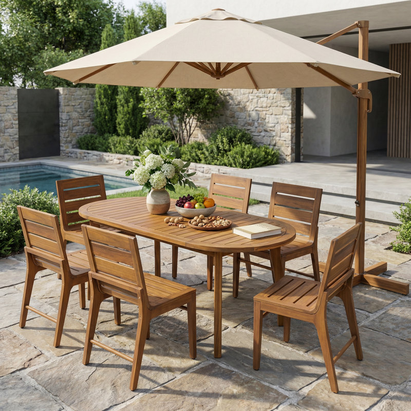 Echo Outdoor 6-Person Acacia Wood Dining Set With Ergonomic Curved Back Chairs