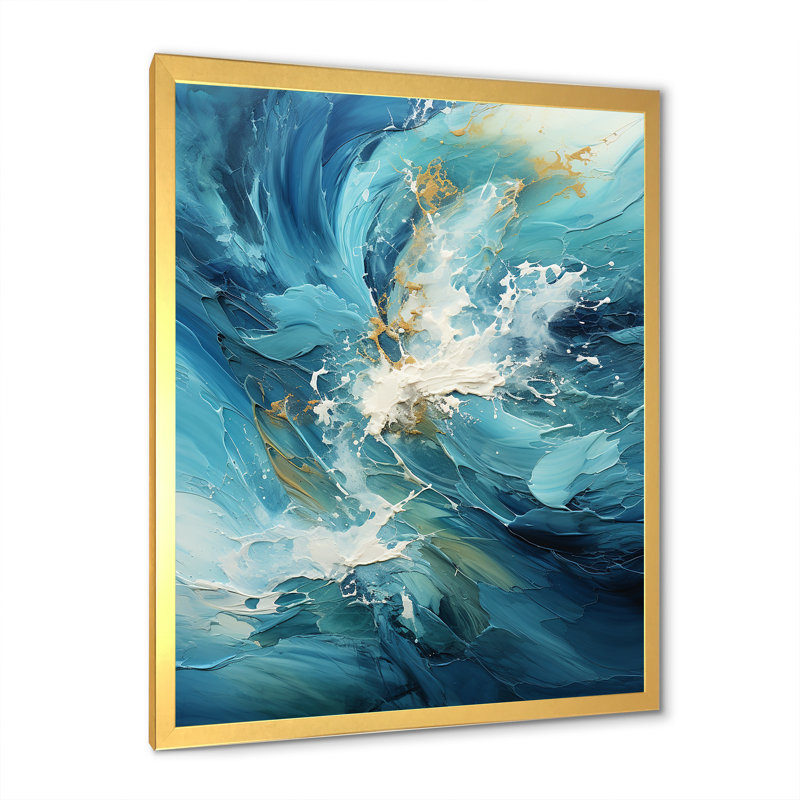 Océan blanc et courants bleus sur toile, H 32 po x l 16 po x P 1 po, Cadre doré simple