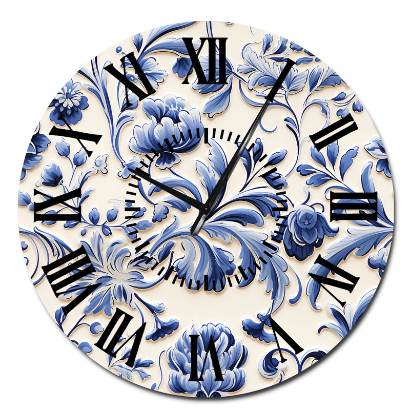 Horloge murale à motif floral victorien bleu Renaissance, Surdimensionné