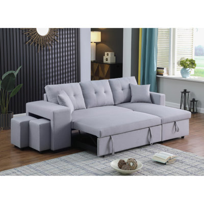 Aase Modern Sofa Dennis 93" Linen Fabric Reversible Sleeper Sectional With Storage Chaise And 2 Stools