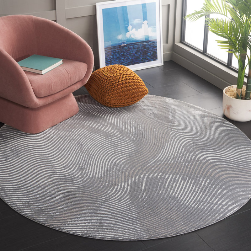 Friedeborg Abstract Machine Woven Polyester Area Rug in Grey, Round 6'7"