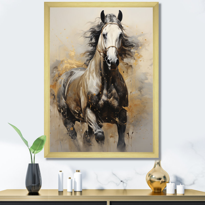 «Keavie Beige Horse Golden Équitation pointillisme», reproduction d'art sur toile, H 44 po x l 34 po x P 1,5 po