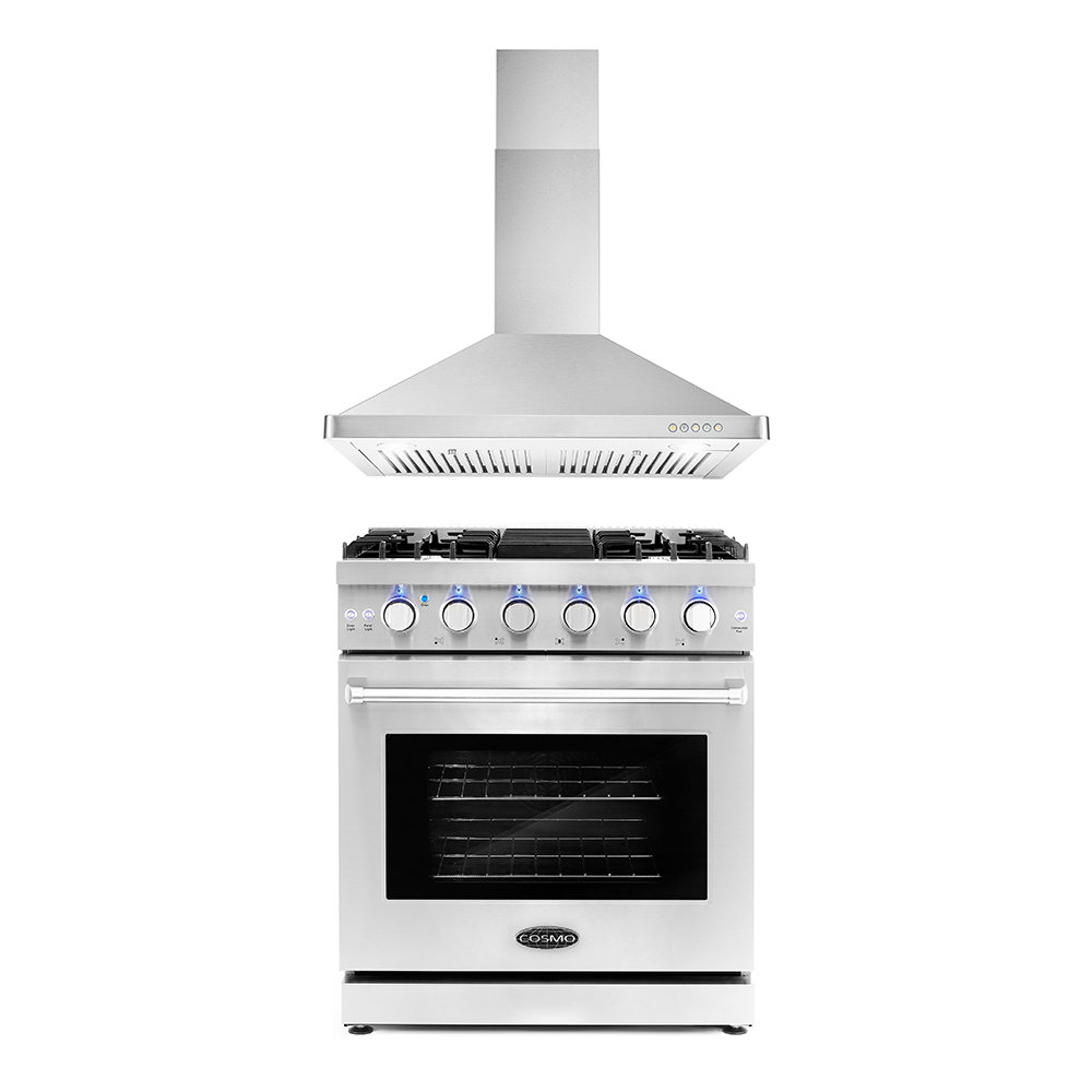 Cosmo 2 Piece Kitchen Appliance Package with Gas Freestanding Range , and Wall Mount Range Hood Cosmo