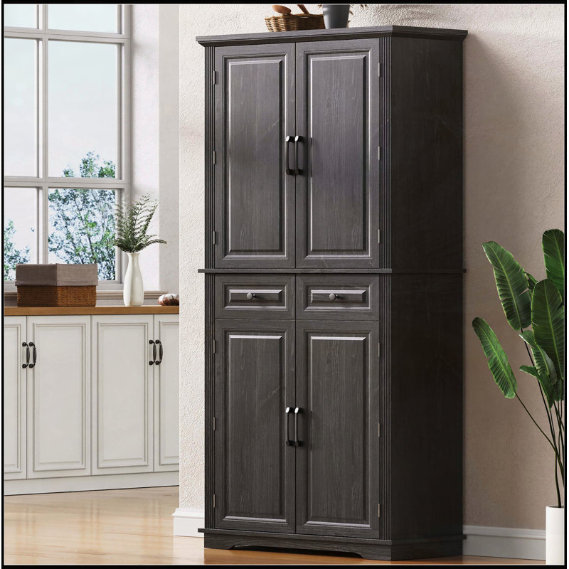 Grand garde-manger avec 3 organisateurs coulissants, 6 tablettes de porte et une texture en relief campagnard pour un rangement efficace et un décor élégant