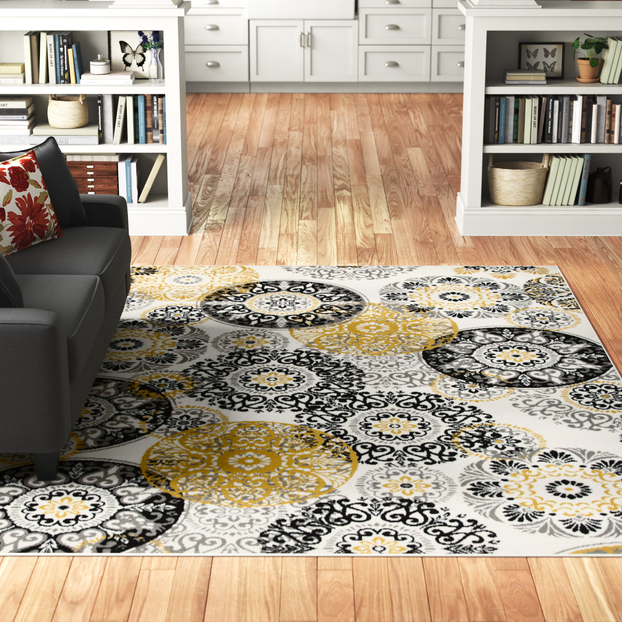 Andover Mills Highlawn Damask Indoor / Outdoor Area Rug in Yellow/Black ...