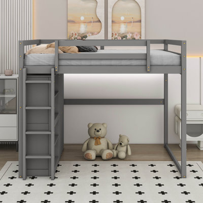 Lit mezzanine double en bois avec garde-robe intégré, tablettes et éclairage à DEL