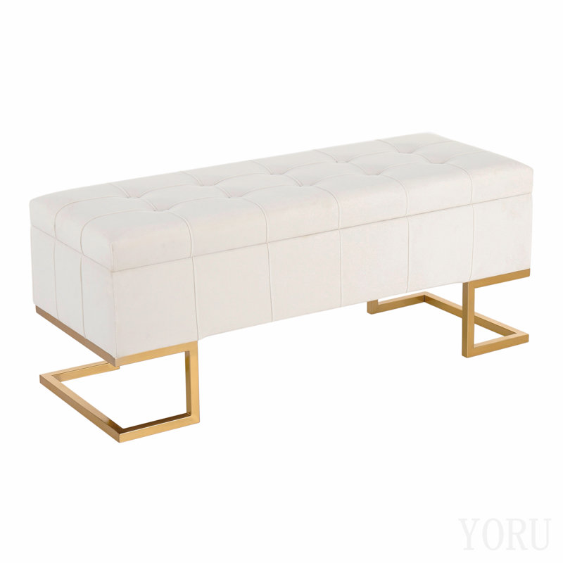 Banc de rangement contemporain en acier doré et velours blanc