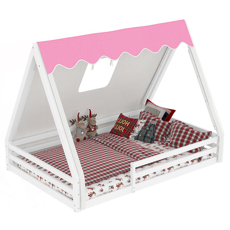 Lit double pleine grandeur avec tente et lit de tipi léger avec garde-corps pleine longueur, Double, Blanc / rose