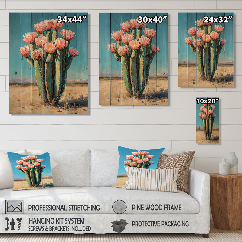 Pastel cactus en fleurs dans le désert II - décoration murale en bois de cactus floral - sur bois de pin naturel