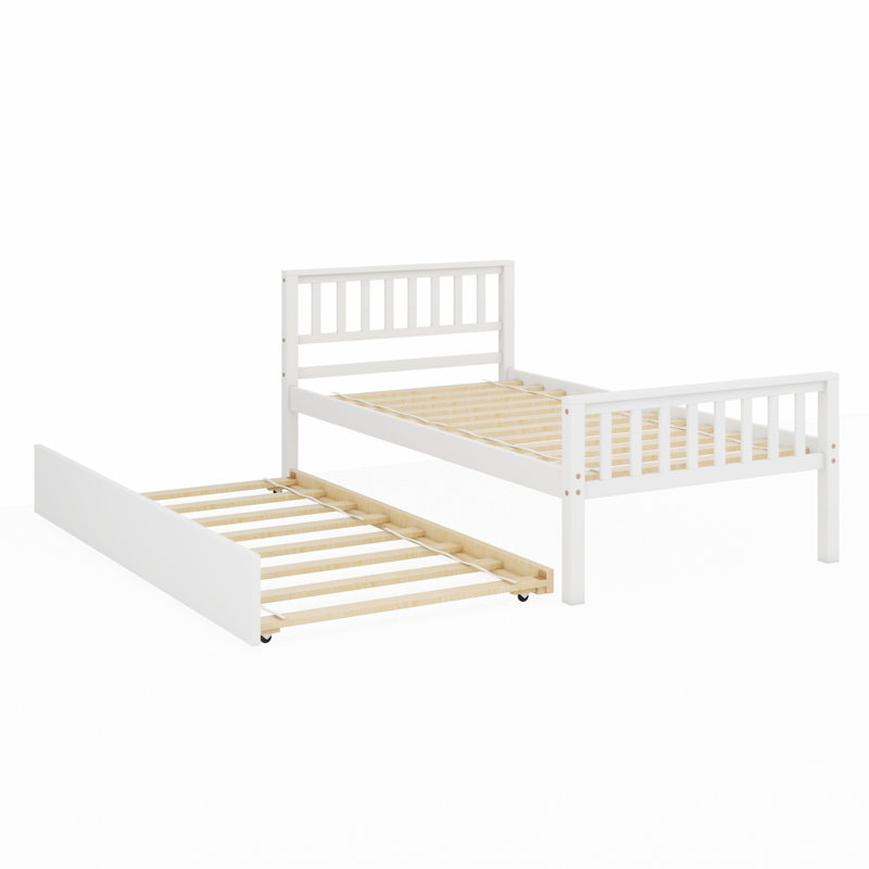 Lit avec lit gigogne, cadre de lit plateforme avec tête et pied de lit, Blanc