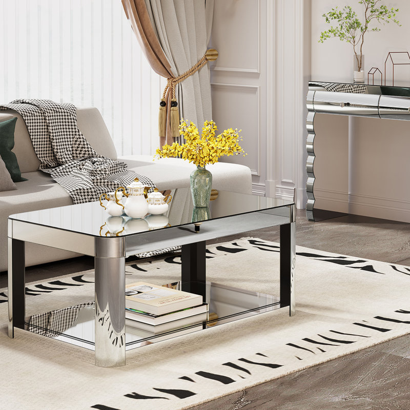 Modern Glam 39.4" Mirrored 2-Tier Coffee Table with Rounded Edges & Open Storage For Living Room