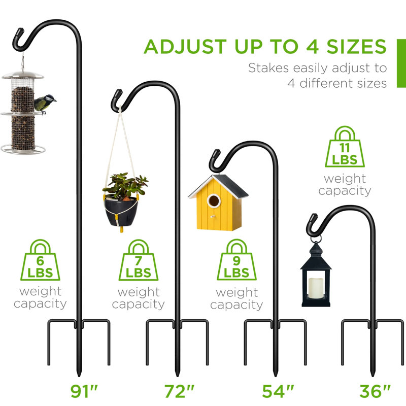 Adjustable Black Metal Shepherd Hooks with 3-Prong Base