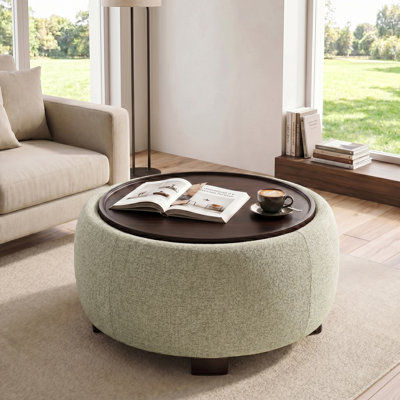 Round Storage Ottoman Cocktail Table, Chenille Seat, Solid Wood Legs