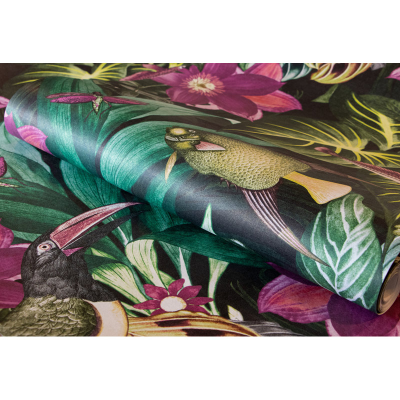 Matamoros Palau Floral Fish And Bird Inspired 8.5 m x 70cm Wallpaper Roll, Berry
