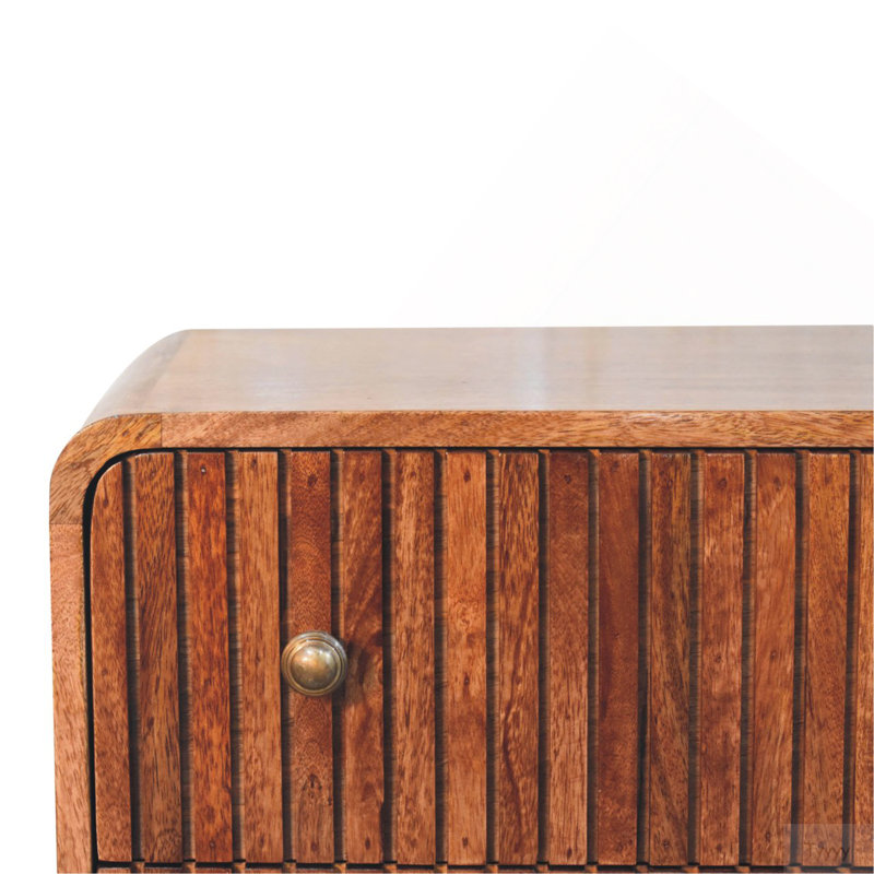Commode striée à 3 tiroirs en bois massif miel et caramel