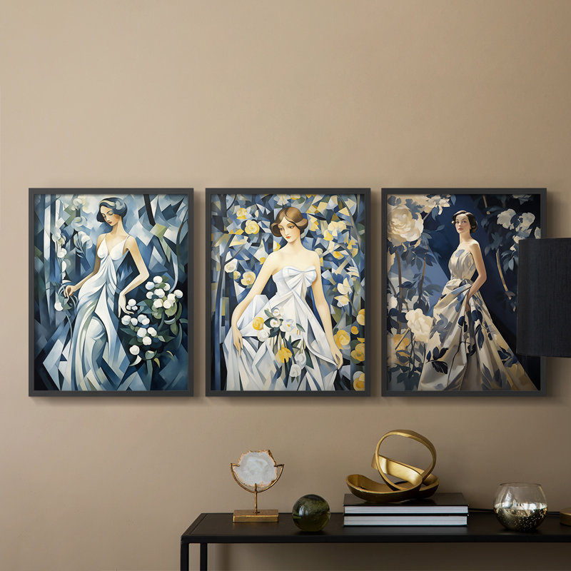 Feminine Series CXIII  -Set Of 3 Framed Giclee Prints -Ready to Hang, 14" H x 11" W, Black