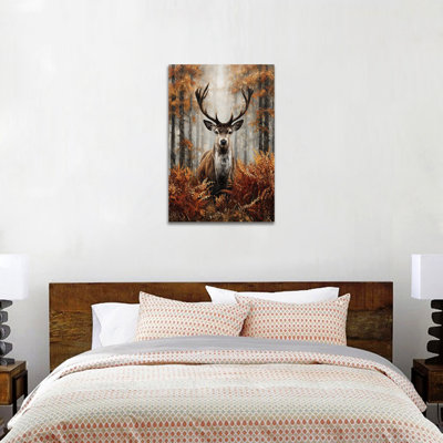 Art mural sur toile grand cerf d'automne, cerf dans la forêt brumeuse brune, peinture d'affiche de cerf rustique, impression de toile de cerf des bois d'automne, œuvre d'art murale de salon, photo de décoration intérieure, sans cadre, 28 po x 40 po