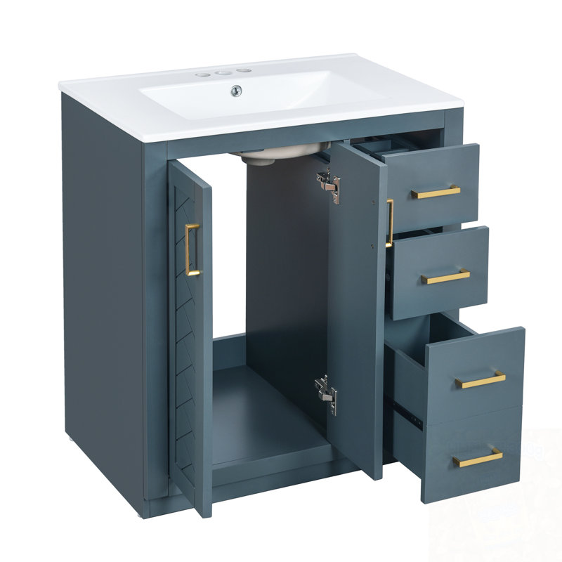 Meuble-lavabo de salle de bain avec lavabo, 3 tiroirs et portes à fermeture douce, Bleu