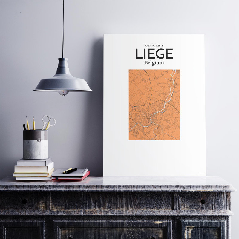 «Liege City Map», impression, H 27,6 po x l 19,7 po, Orange / gris