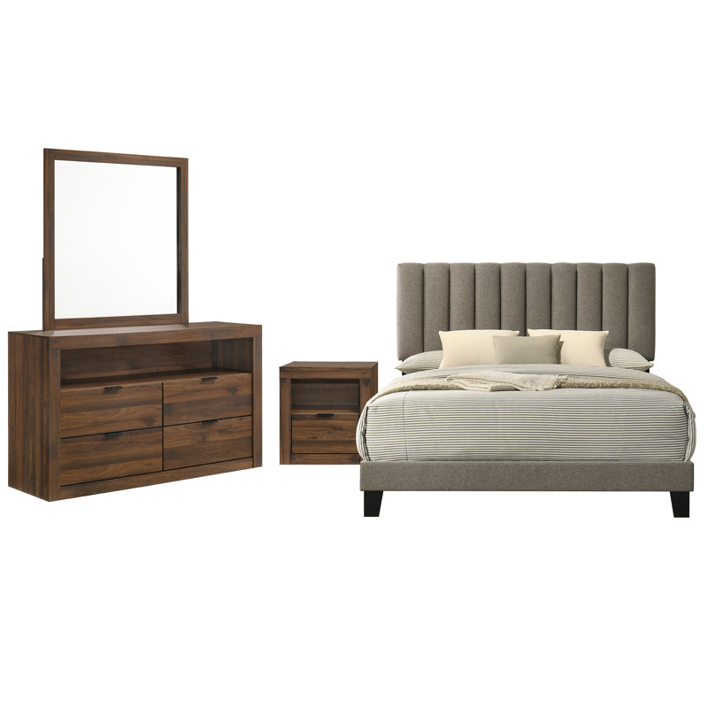 Ensemble de chambre à coucher 4 pièces, Walnut, Ensemble de 4 pièces : lit, table de chevet, comm, Très grand lit