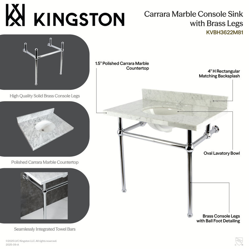 Lavabo console en marbre Carrara de 36 pouces avec pieds en laiton Kingston Templeton (8 pouces, 3 trous), Noir mat