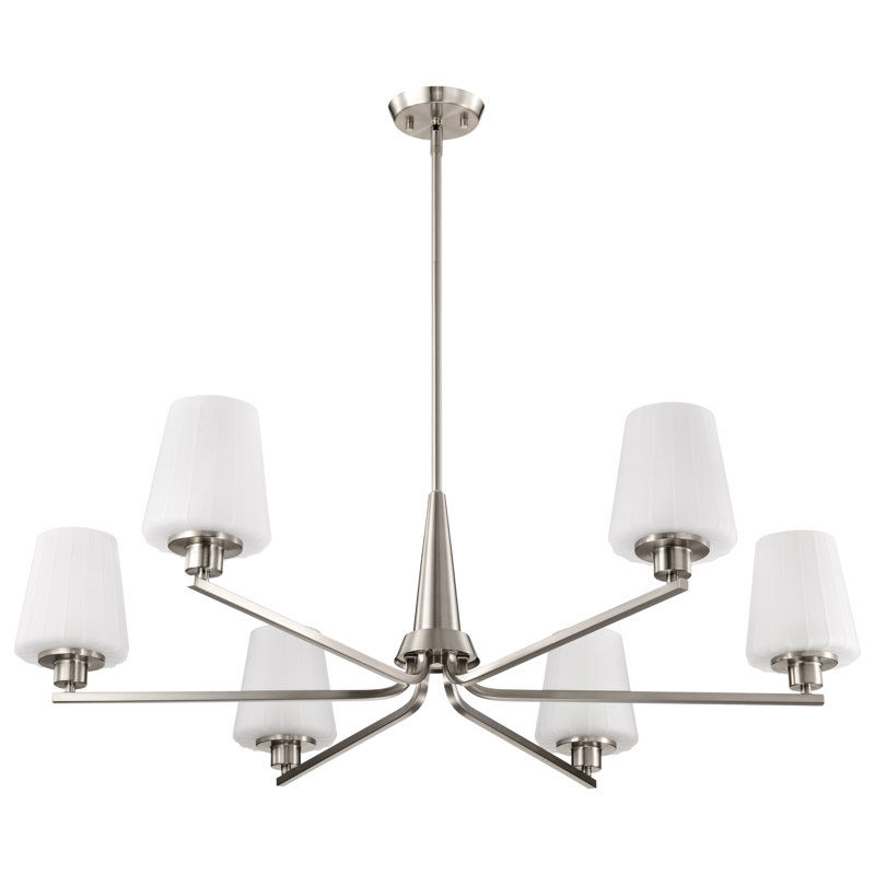 Lune - lustre - verre blanc gravé, Six lumières, Nickel brossé, H 10,25 po x l 40 po x P 40 po