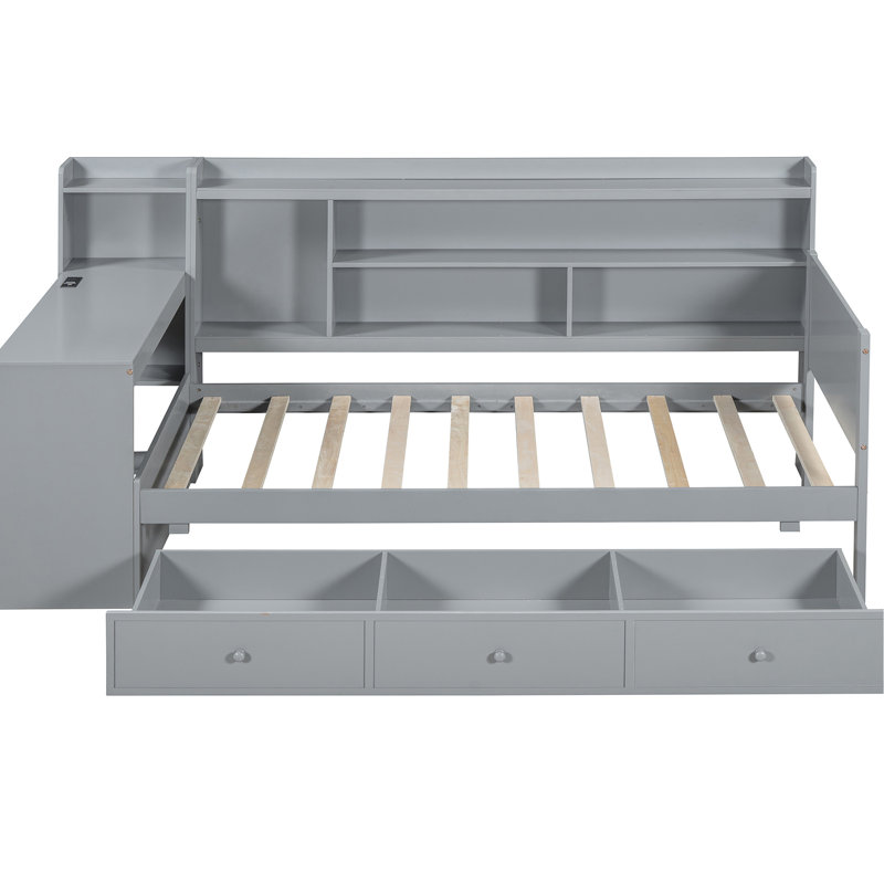 Lit de jour en bois avec 3 tiroirs de rangement et bureau - Bois de pin robuste pour une nuit de détente, Lit simple, Gris