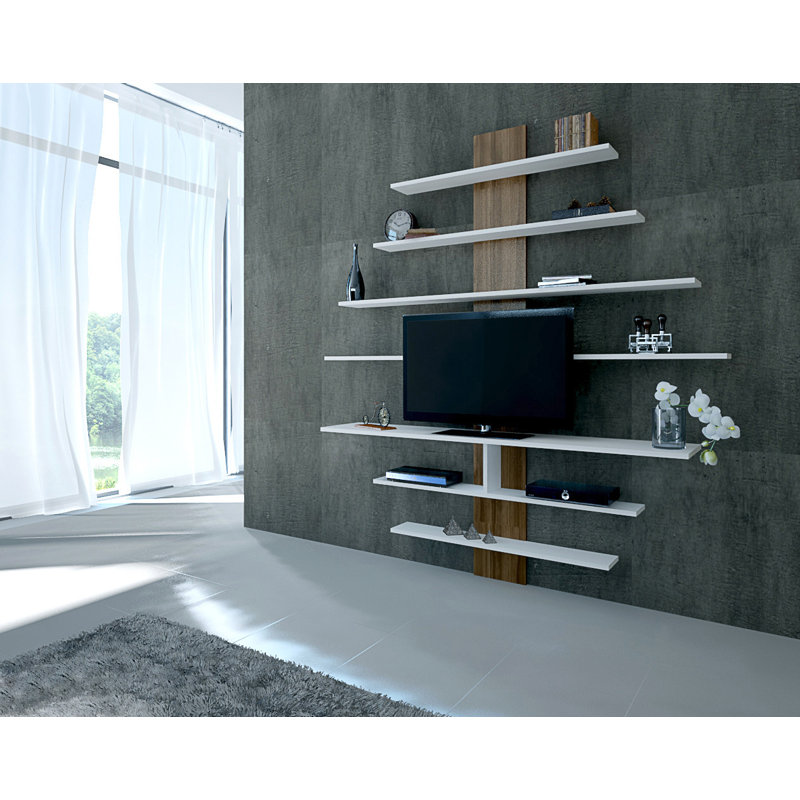Modern TV Unit with Numerous Shelves, White & Walnut, 63.0 x 63.0 x 11.8 inches | 100% Melamine Coated Particle Board, Thickness: 0.7 inches | Wall-Mountable Design Perfect for Living Room & Entertainment Spaces