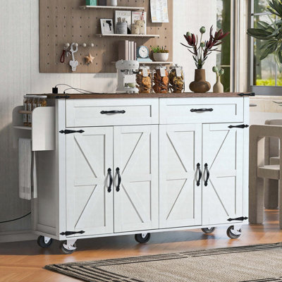 53.5"Farmhouse Kitchen Island with Power Outlet, Kitchen Storage Island with Drop Leaf, Spice Rack and Drawer, Rolling Kitchen Cart on Wheels, for Home, Kitchen and Dining Room, White