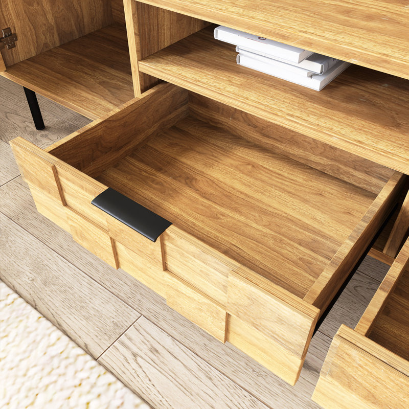 Meuble télé en bois Mid-Century pour téléviseur de 85 po ou moins, Naturel