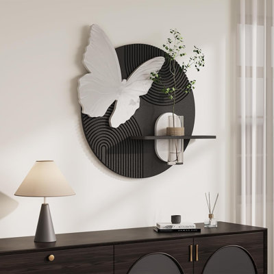 Troartos 3D Textured Black And White Wall Art For Living Room, Modern Minimalist Butterfly With Vase Artwork For Walls, Geometric Round Sandstone Wall Decor For Bedroom, Hallway, Dining Room, Office