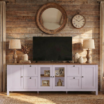 90.6" Modern Farmhouse TV Stand With Glass Doors, Drawers & Adjustable Shelves