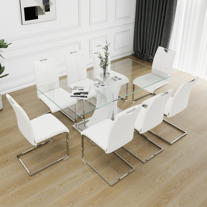 Ensemble de table de salle à manger moderne en verre et blanc (9 pièces): design transparent élégant avec base durable et pieds électrolytiques pour les cuisines