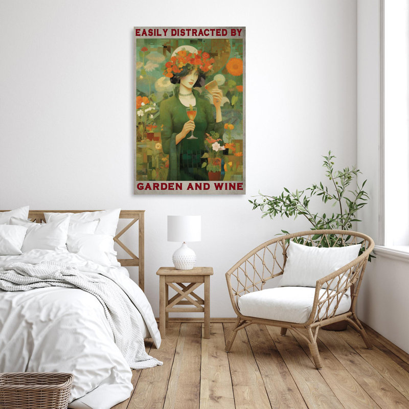 Femme, jardin et vin sur toile, impression, H 36 po x l 24 po x P 1,25 po