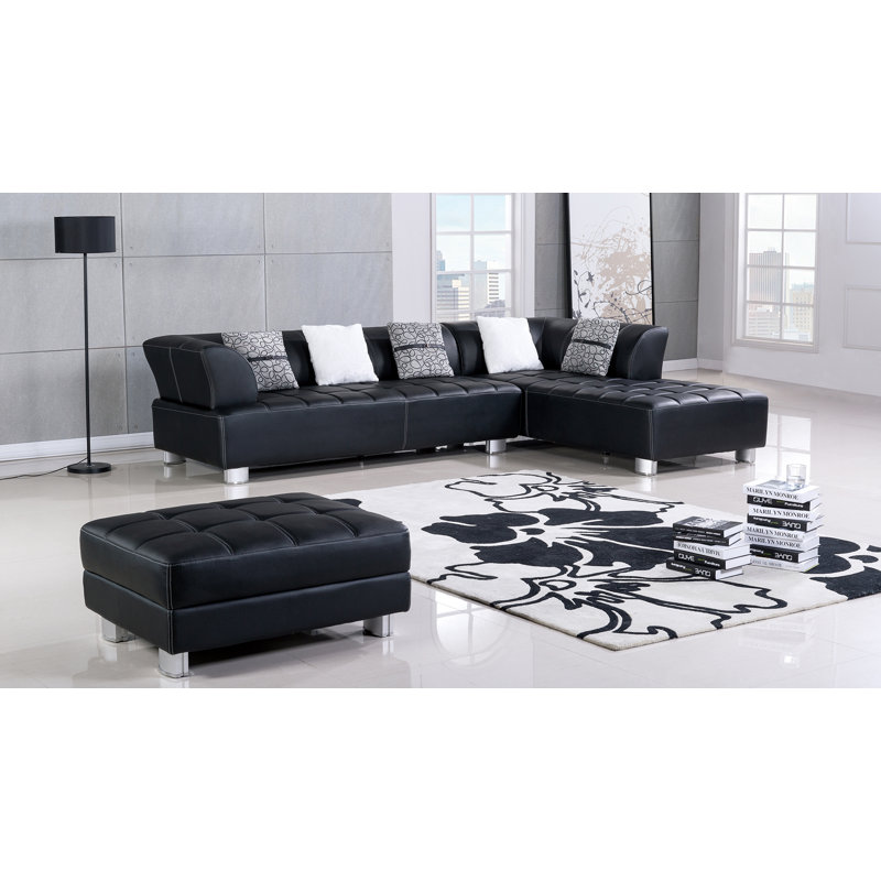 Henriquez Faux Leather L-Shaped Sectional, Right Hand Facing, Black Faux Leather