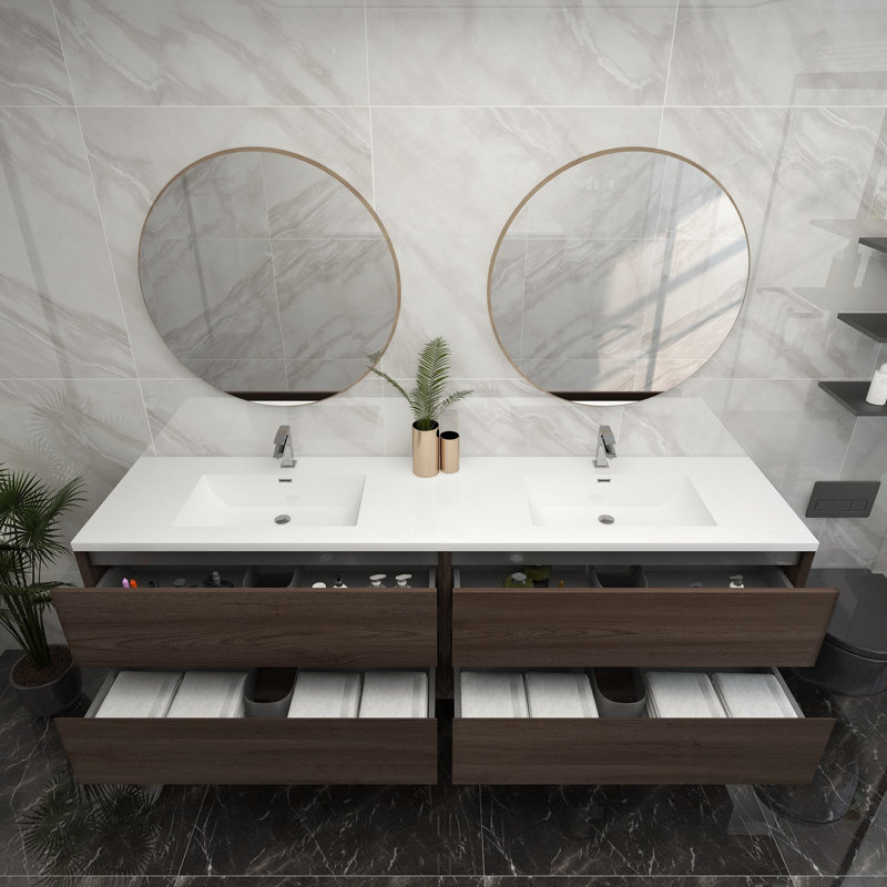 84" Wall-Mounted Double Sink Bathroom Vanity Set, Red Oak