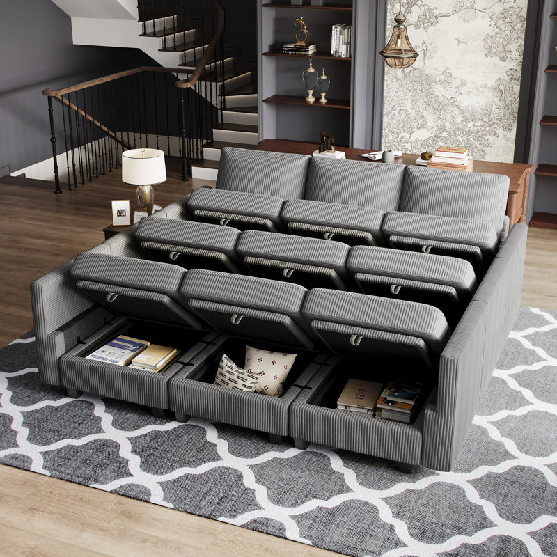 Canapé modulaire avec espace de rangement Corduroy Sleeper, Velours côtelé gris