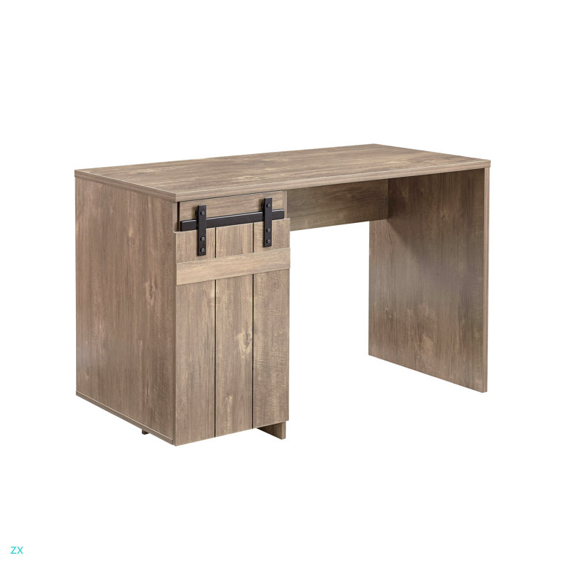 Home Office Desk Hazelnut One Cabinet Three Shelves Faux Barn Door On Metal Euro Hinges Modesty Panel