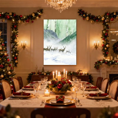 «Christmas Deer Herd In Misty Forest Landscape», ensemble de 3 impressions sur toile